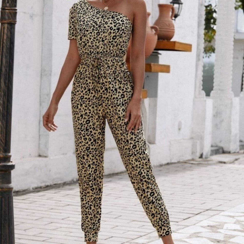 Leopard Print One Shoulder Jumpsuit - Picture 4 of 6